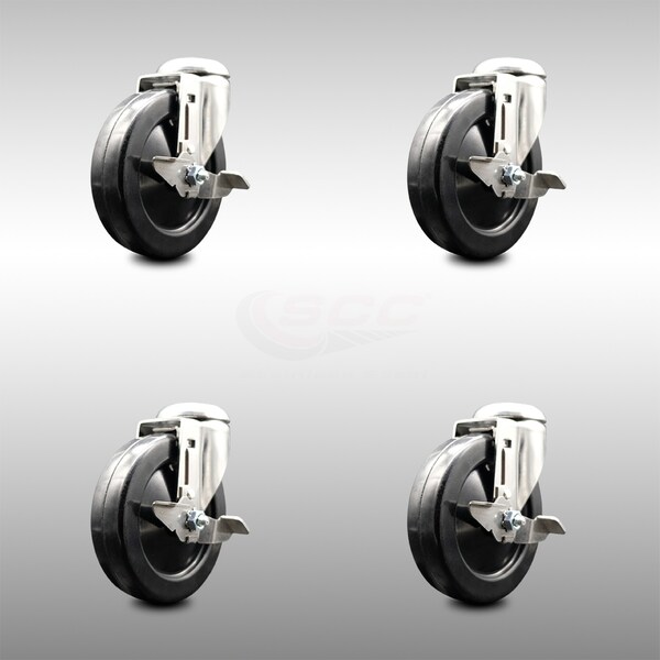 5 Inch 316SS Soft Rubber Wheel Swivel Bolt Hole Caster Set with Brake SCC
